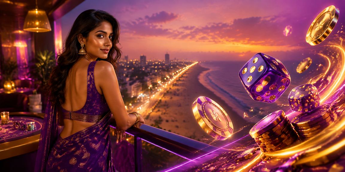 Chennai cityscape neon dice game night scene