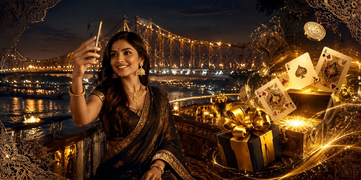 Kolkata Howrah Bridge at night with Andar Bahar game illustration
